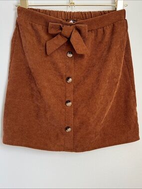 Brown Corduroy Skirt Bow Tie at Waist Faux Button-Front Size 12 Years
